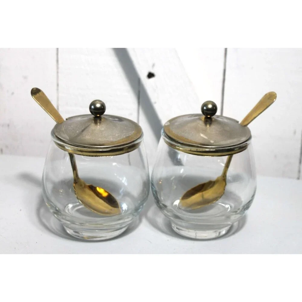 Mid Century Condiment Set Wire Rack Libby Glass Lid/Spoons, Jam, Relish Sauces